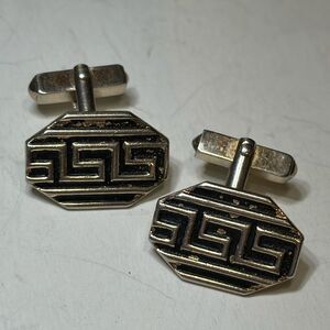 Vintage Swank Men’s Geometric Black and Gold tone Greek Key  Cuff links